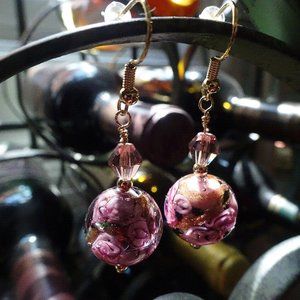Handcrafted pink floral Murano earrings with gold-filled earwires.